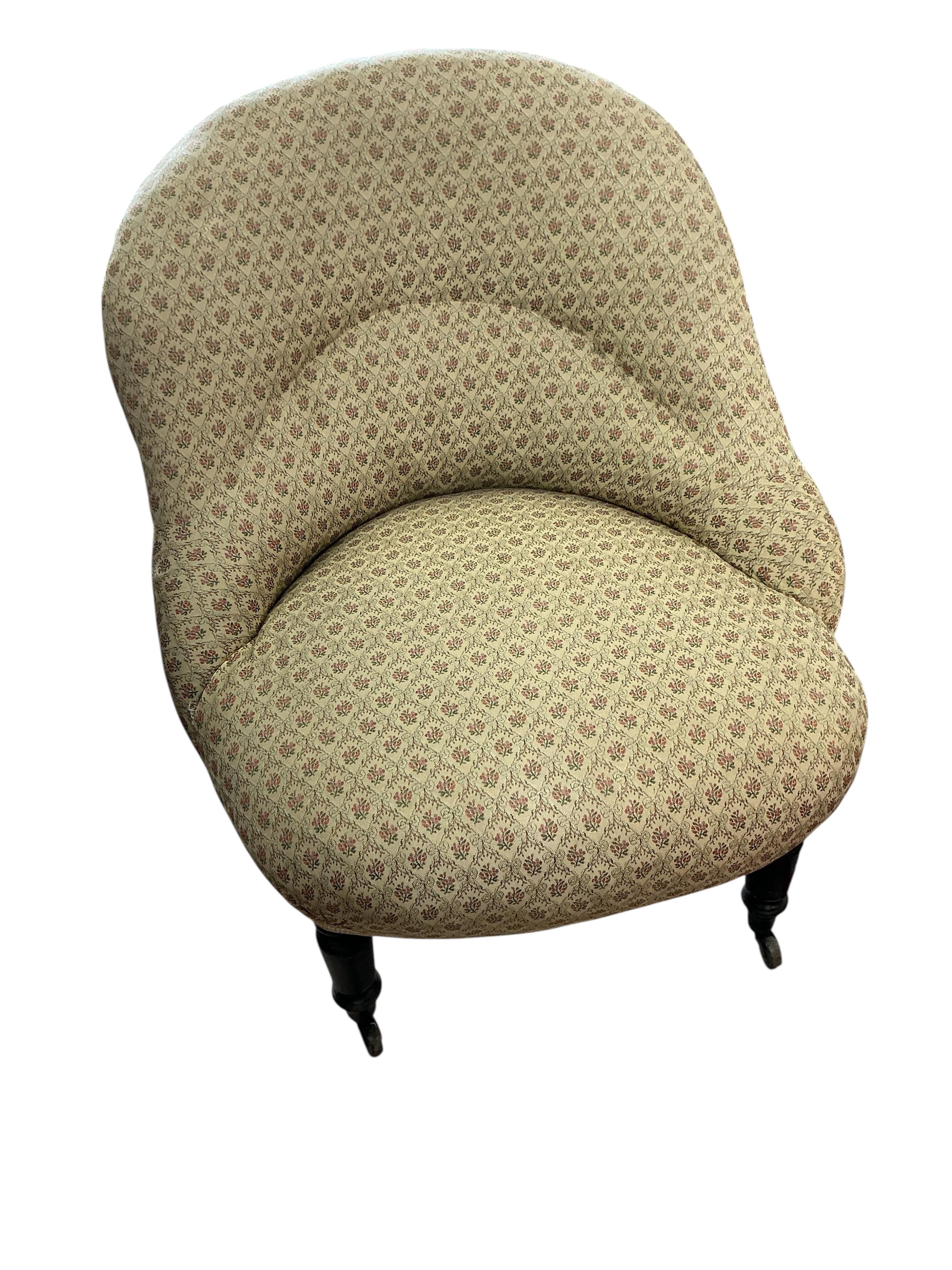 A pair of 19th century French upholstered spoon back chairs, width 60cm, depth 56cm, height 74cm